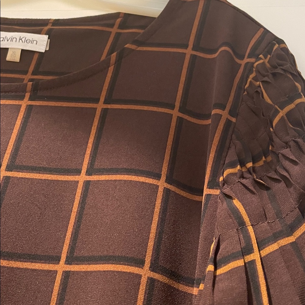 Calvin Klein Window Pane Plaid Blouse SizeXL Brown Smart Casual Office Occasion